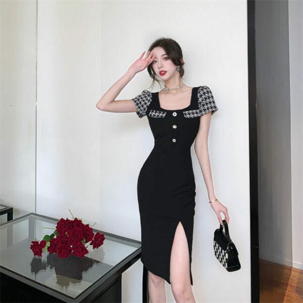 Korea Stylish Square Collar Houndstooth Short Sleeve Slim Dress 4