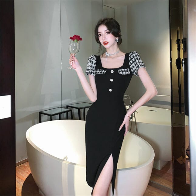 Korea Stylish Square Collar Houndstooth Short Sleeve Slim Dress ...