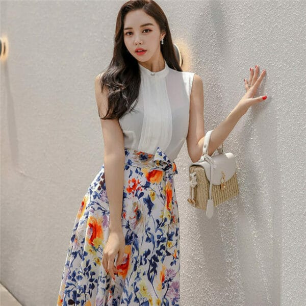 Korea Stylish Tank Blouse with Tie Waist Flowers Skirt 5