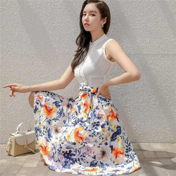 Korea Stylish Tank Blouse with Tie Waist Flowers Skirt 4