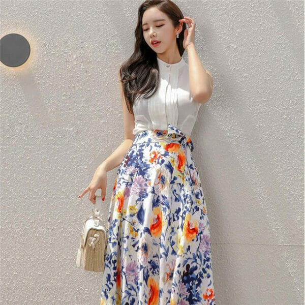 Korea Stylish Tank Blouse with Tie Waist Flowers Skirt 3