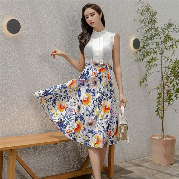 Korea Stylish Tank Blouse with Tie Waist Flowers Skirt 2