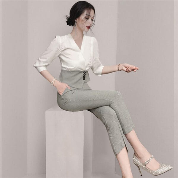 Korea Stylish V-neck Blouse with Houndstooth Skinny Pants 5