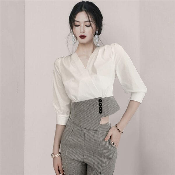 Korea Stylish V-neck Blouse with Houndstooth Skinny Pants 4