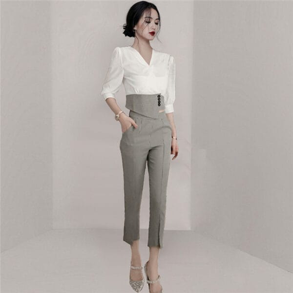 Korea Stylish V-neck Blouse with Houndstooth Skinny Pants 3