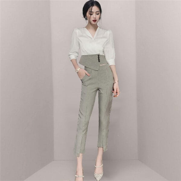 Korea Stylish V-neck Blouse with Houndstooth Skinny Pants 2