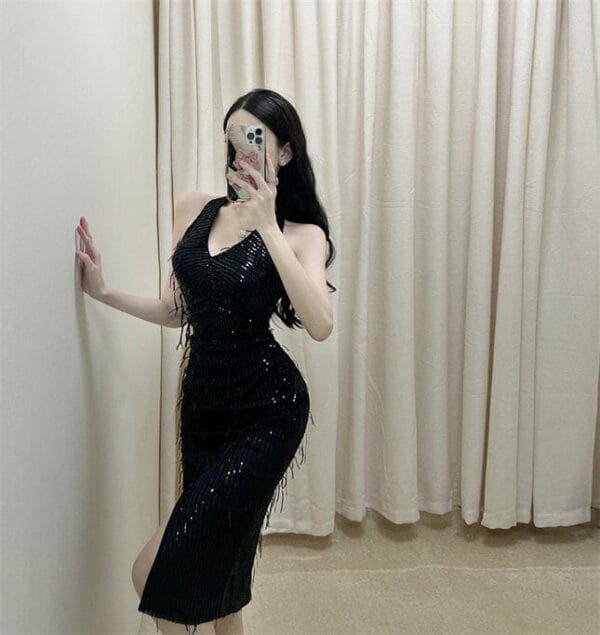 Korea Stylish V-neck Sequins Tassels Split Halter Dress 3