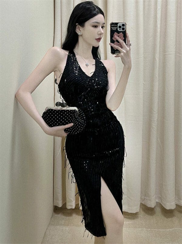 Korea Stylish V-neck Sequins Tassels Split Halter Dress 1