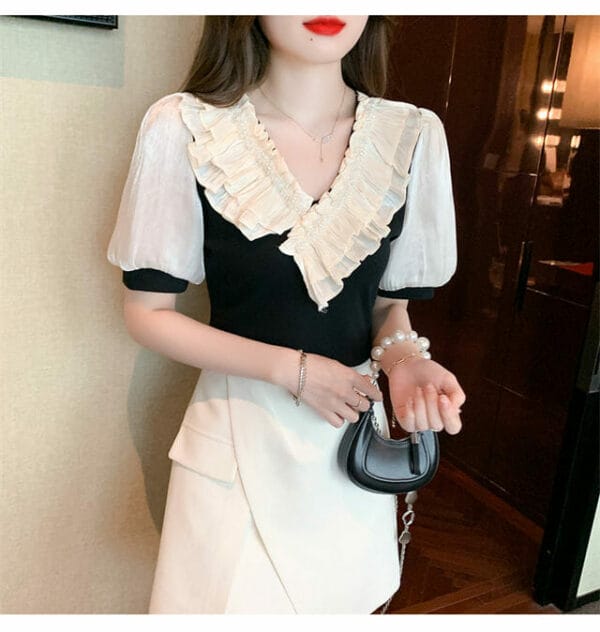 Korea Summer Beads Flouncing V-neck Puff Sleeve Blouse 5