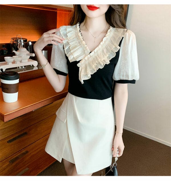 Korea Summer Beads Flouncing V-neck Puff Sleeve Blouse 3