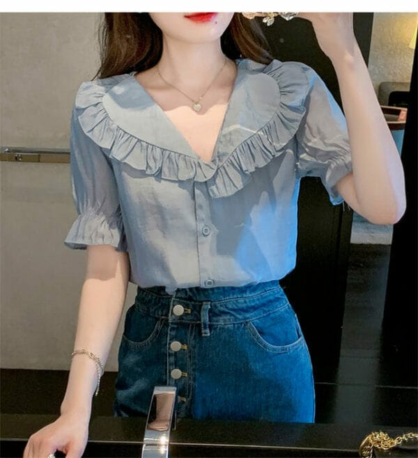 Korea Summer Flouncing Doll Collar Puff Sleeve Blouse 5