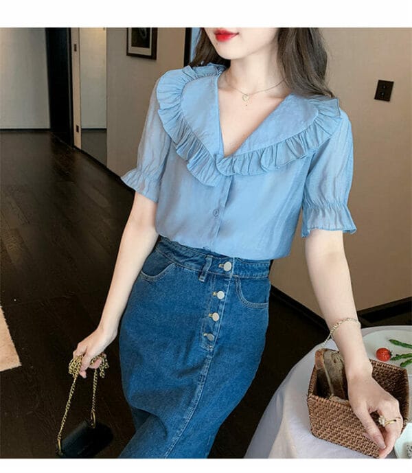 Korea Summer Flouncing Doll Collar Puff Sleeve Blouse 3