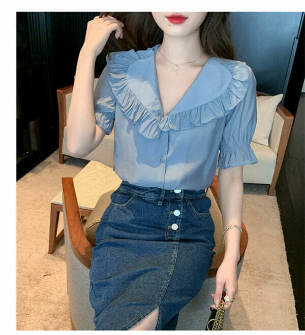 Korea Summer Flouncing Doll Collar Puff Sleeve Blouse 2