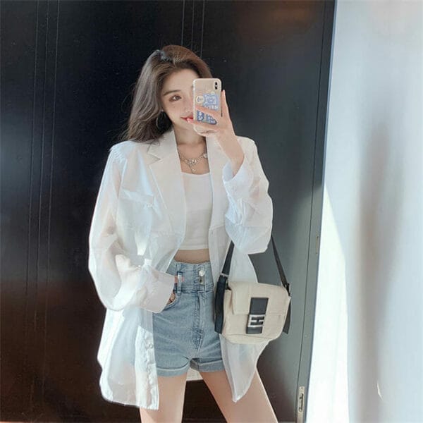 Korea Summer Tailored Collar Transparent Loosen Blouse 4