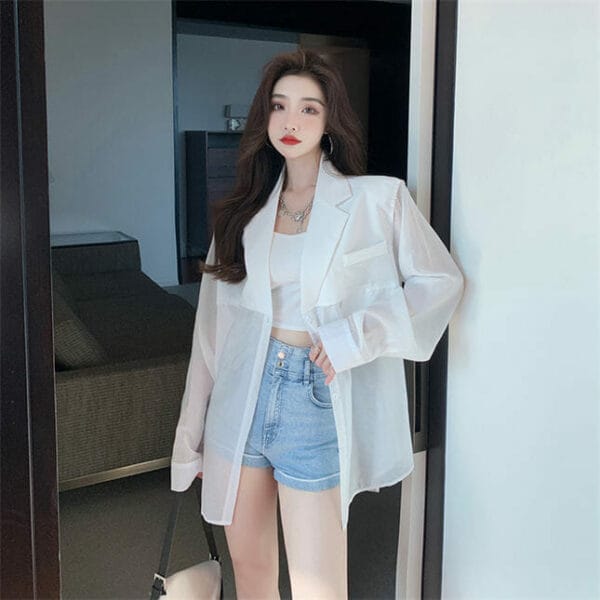 Korea Summer Tailored Collar Transparent Loosen Blouse 2