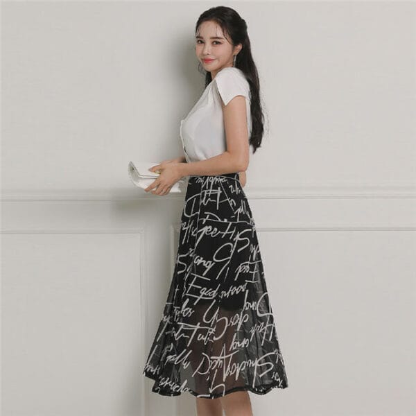 Korea Summer V-neck Blouse with High Waist Letters Skirt 4