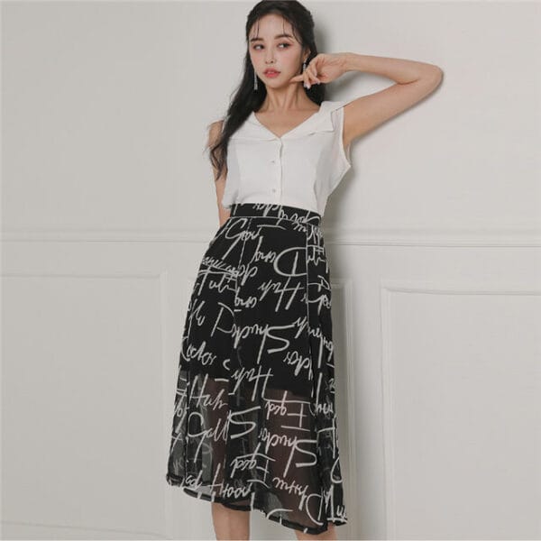 Korea Summer V-neck Blouse with High Waist Letters Skirt 3