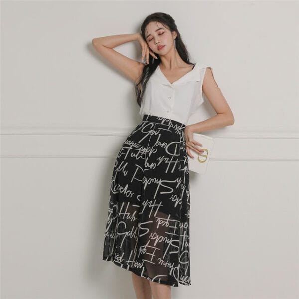 Korea Summer V-neck Blouse with High Waist Letters Skirt 2