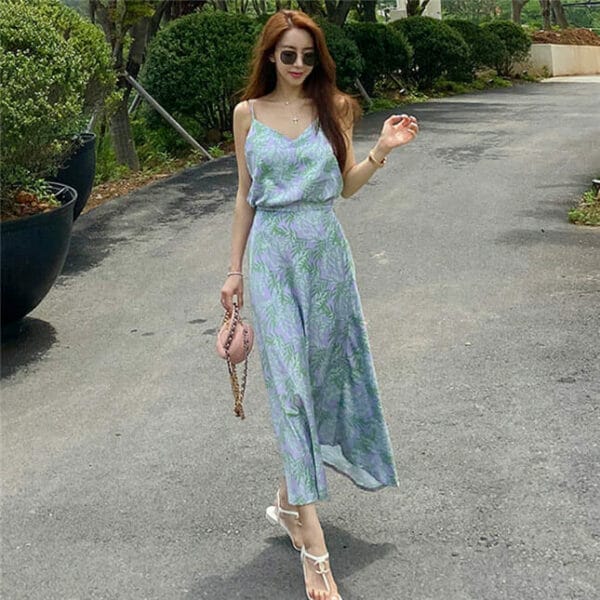 Korea Summer V-neck High Waist Flowers Dress Set 3