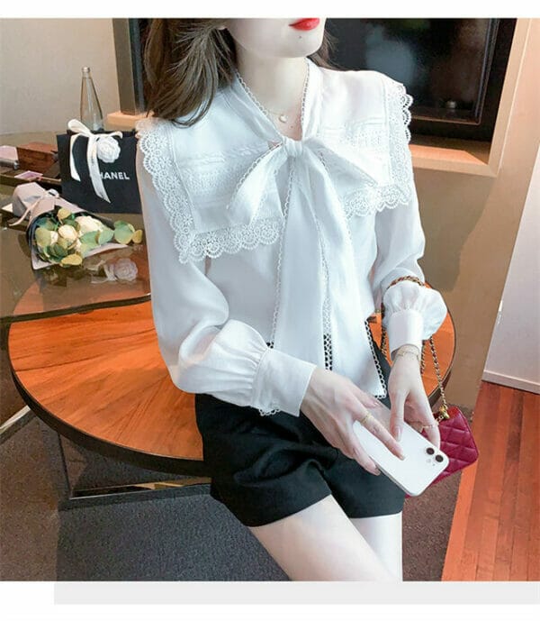 Korea Tie Bowknot Collar Lace Splicing Loosen Blouse 5