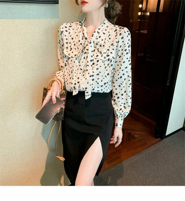 Korea Tie Bowknot Collar Spots Chiffon Blouse 2