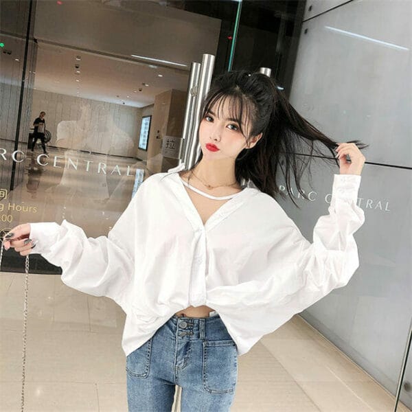 Korea V-neck Loosen Puff Sleeve Short Blouse 3