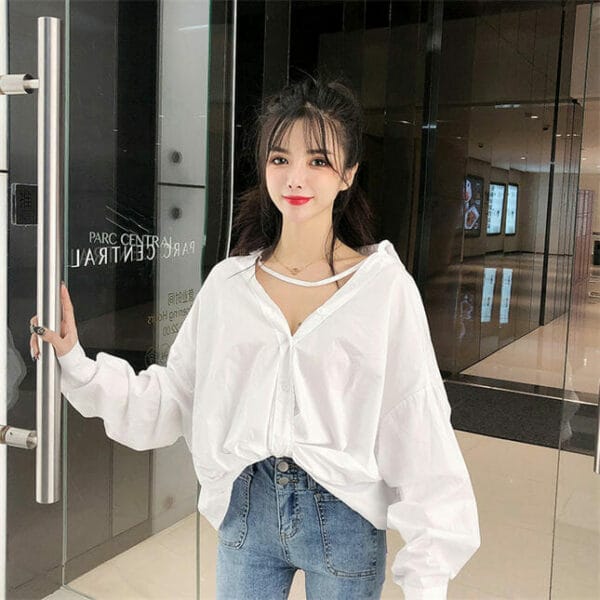 Korea V-neck Loosen Puff Sleeve Short Blouse 2