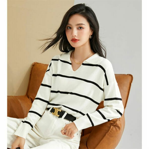 Korea V-neck Stripes Loosen Knitting T-shirts 5