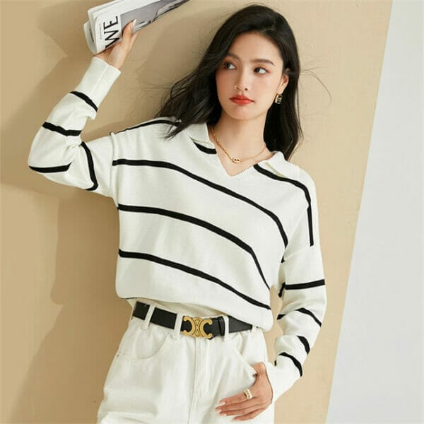 Korea V-neck Stripes Loosen Knitting T-shirts 3