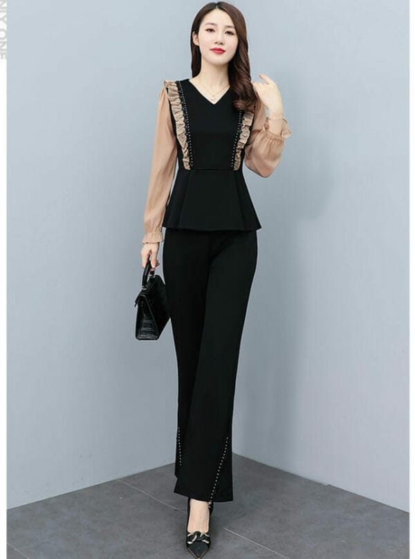 Korea Flouncing V-neck Flare Sleeve Slim Long Suits 1