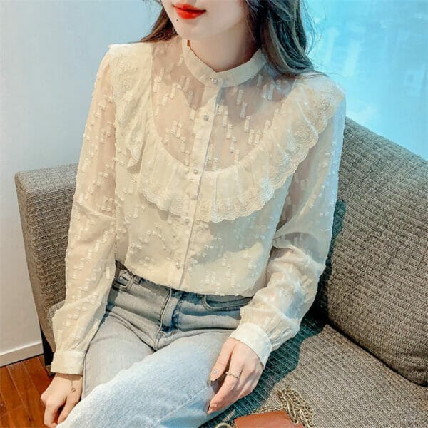 Korea Women Fashion Flouncing Lace Puff Sleeve Loosen Blouse 4