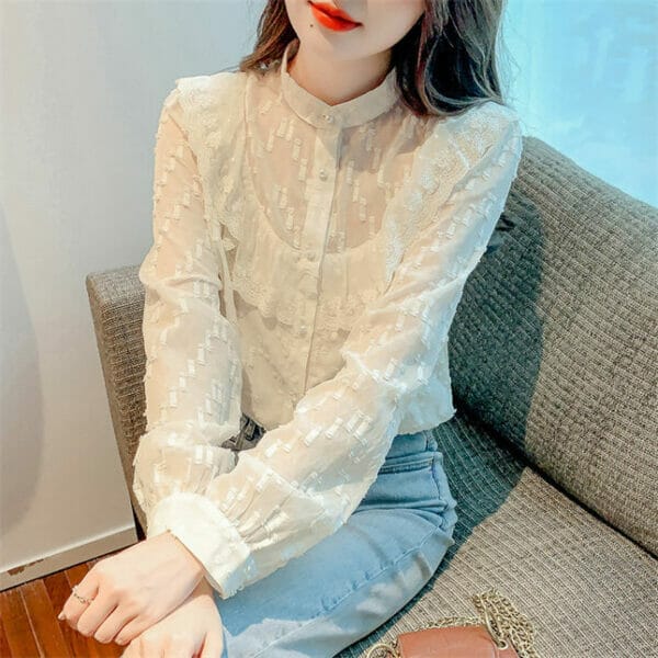Korea Women Fashion Flouncing Lace Puff Sleeve Loosen Blouse 2