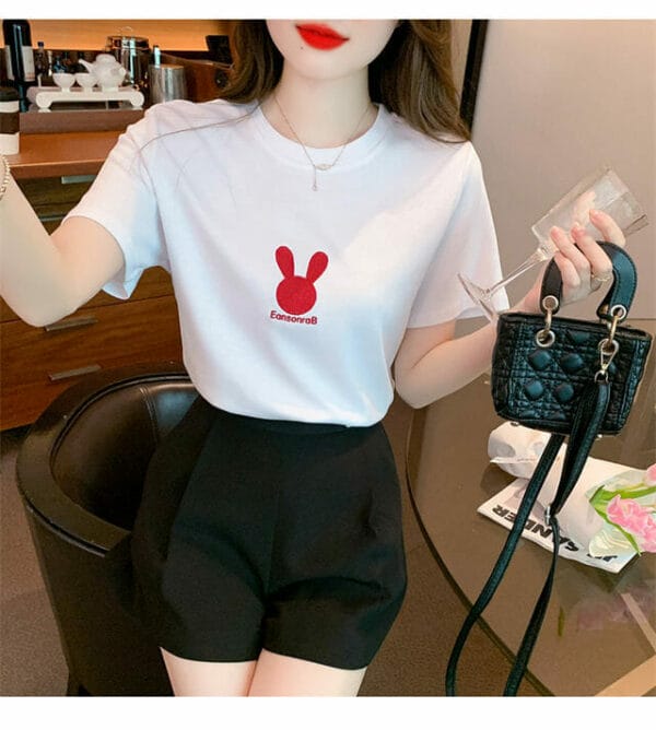 Lovely 2 Colors Rabbit Embroidery Cotton Tees 5