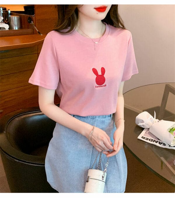 Lovely 2 Colors Rabbit Embroidery Cotton Tees 3
