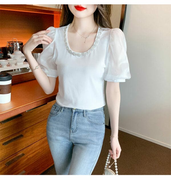 Lovely 2 Colors Rhinestones Collar Puff Sleeve Blouse 4