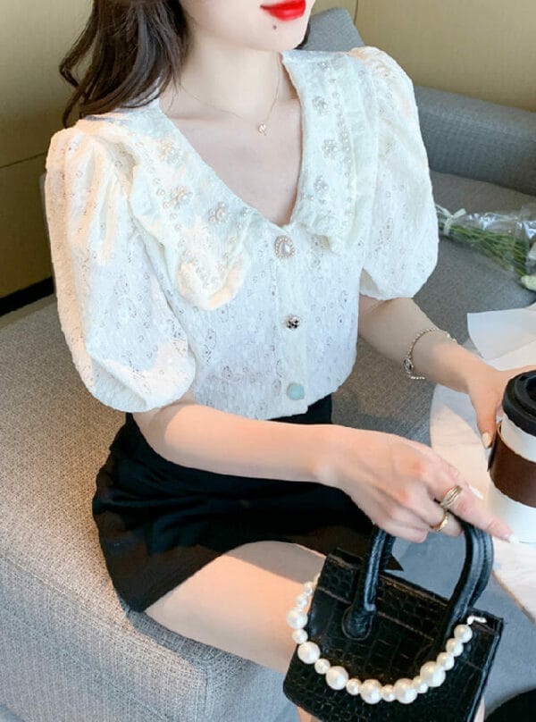 Lovely Beads Doll Collar Puff Sleeve Lace Blouse 5