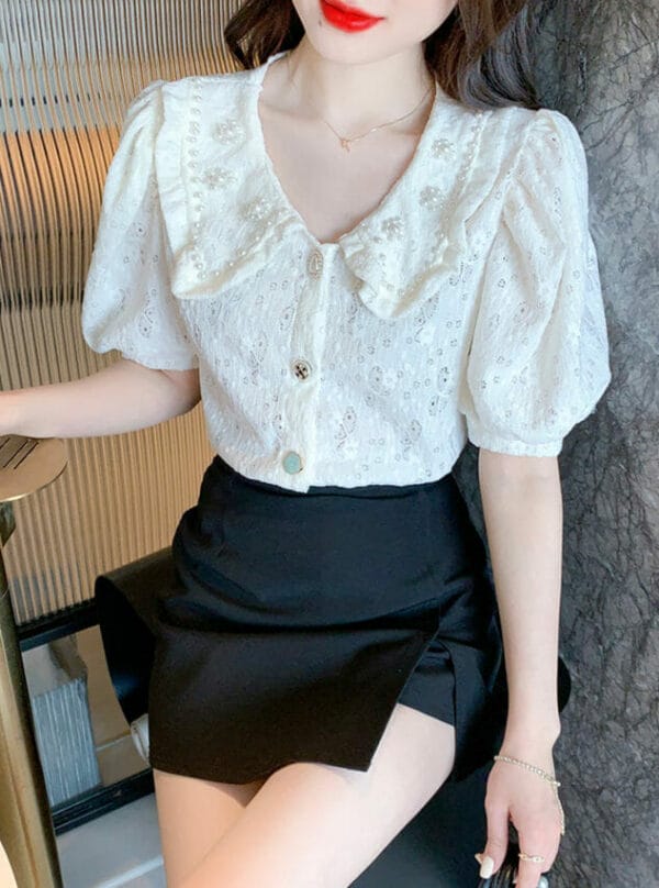 Lovely Beads Doll Collar Puff Sleeve Lace Blouse 4