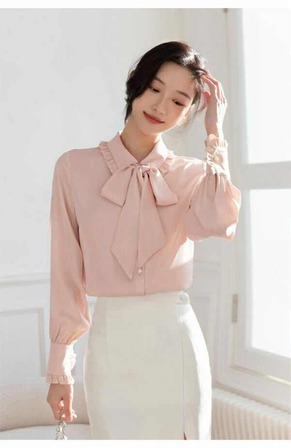 Lovely Bowknot Collar Puff Sleeve Blouse 3