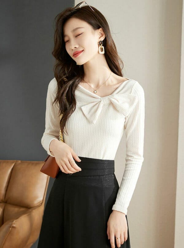 Lovely Bowknot Collar Slim Long Sleeve T-shirt 4