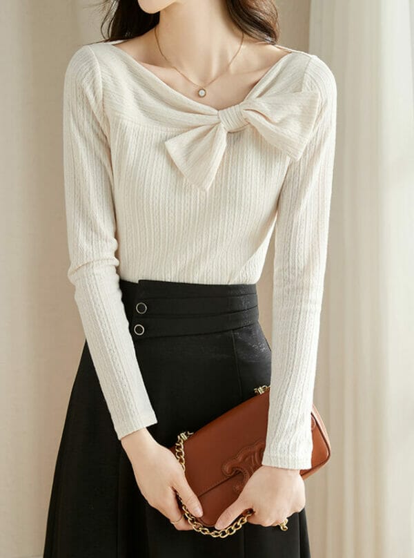 Lovely Bowknot Collar Slim Long Sleeve T-shirt 2