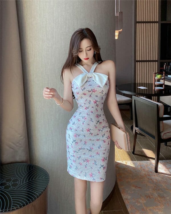 Lovely Bowknot Straps Lace Flowers Slim Dress 2