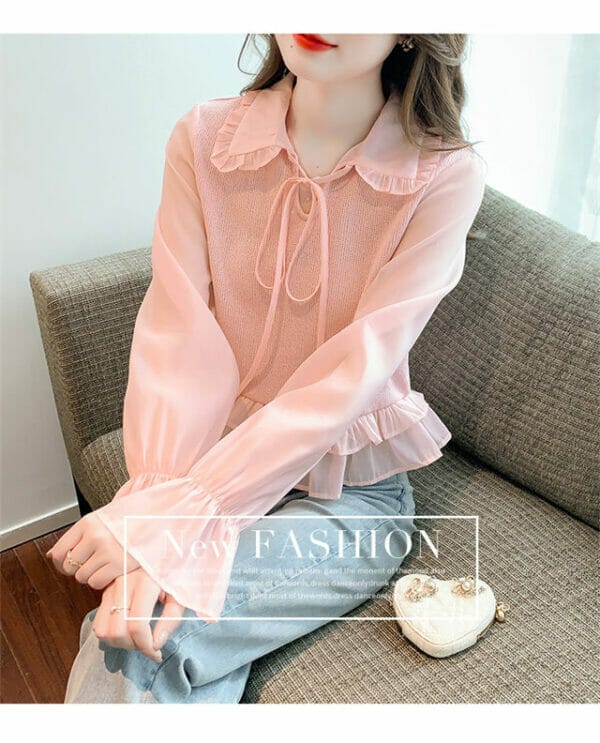 Lovely Doll Collar Flare Sleeve Pleated Blouse 4