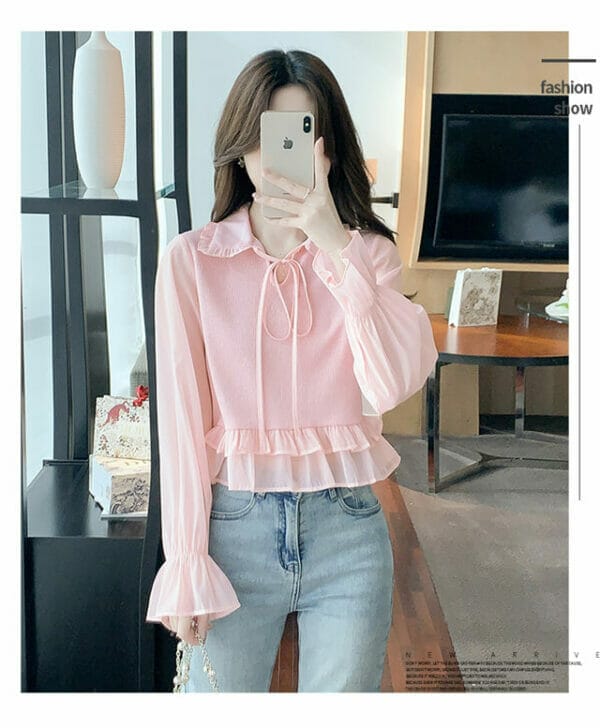 Lovely Doll Collar Flare Sleeve Pleated Blouse 2