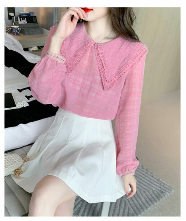 Lovely Doll Collar Plaids Puff Sleeve Blouse 3