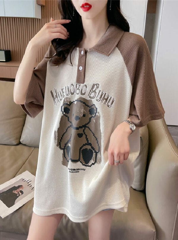 Lovely Fashion 2 Colors Shirt Collar Cartoon Bear T-shirt 1