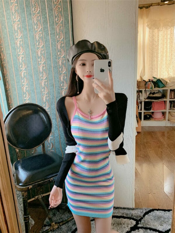 Lovely Fashion 2 Colors Zipper Knitting Tops with Stripes Dress 4