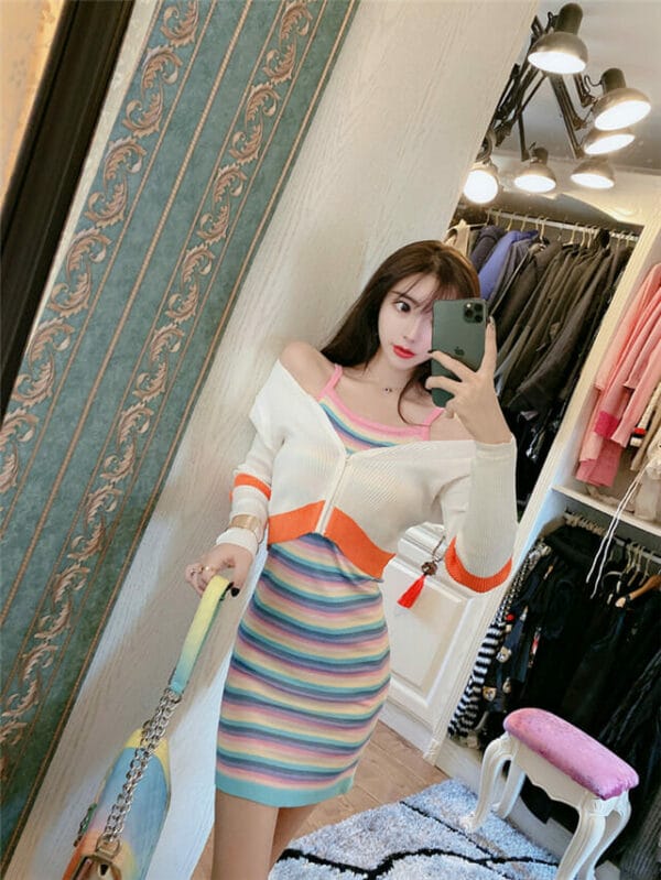 Lovely Fashion 2 Colors Zipper Knitting Tops with Stripes Dress 3