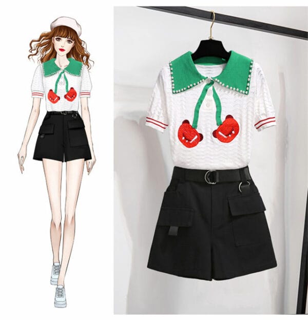 Lovely Fashion Beads Doll Collar Blouse with Short Pants 2