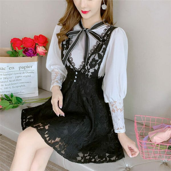 Lovely Fashion Bowknot Blouse with Lace Tank A-line Dress 3