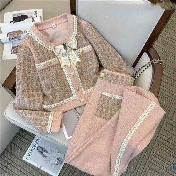 Lovely Fashion Bowknot Tweed Jacket with Slim Long Pants 3